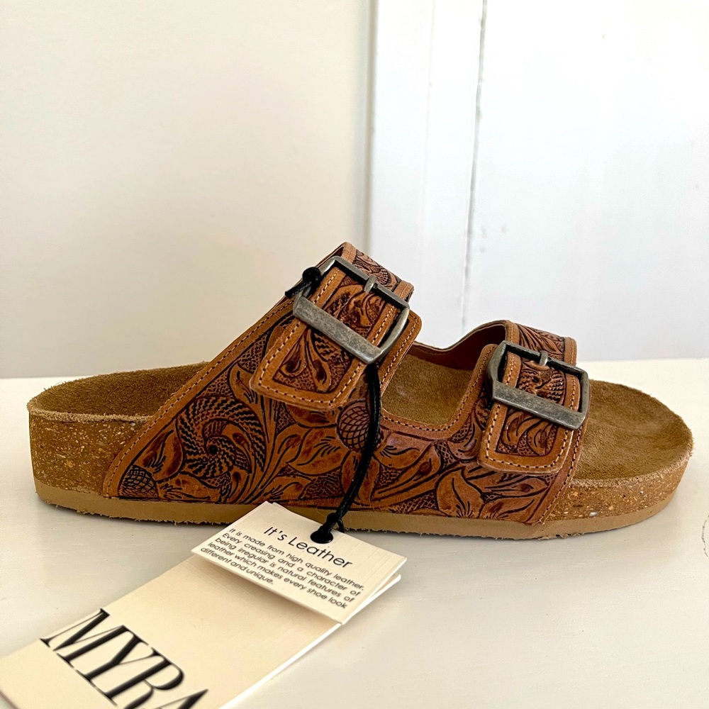 Myra Shoes Gracie Western Hand Tooled Sandal Sz 8 NET